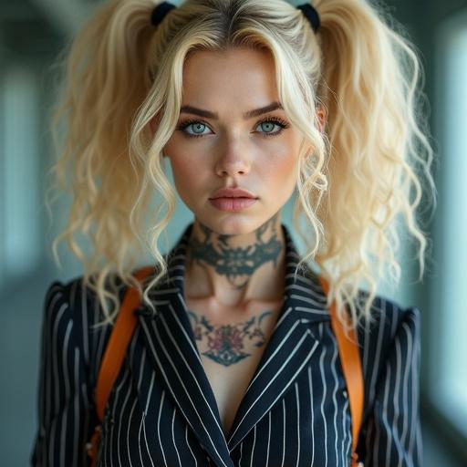 A woman with frosted blue eyes and large light blonde curly pigtails wearing a pinstriped office dress. She has piercings and colorful tattoos. The tattoos reflect her half Japanese half Saiyan heritage. The image captures her top and bottom outfit style.