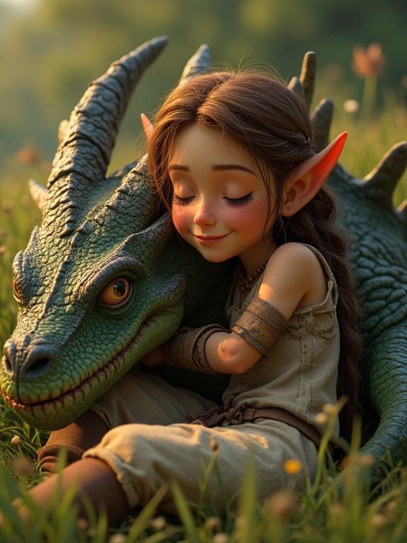 A young elven warrior embraces her dragon friend in a meadow. The warrior has a soft smile and closed eyes. Clothes appear torn and skin shows signs of a recent fight. Both characters are at peace after hard efforts in battle.
