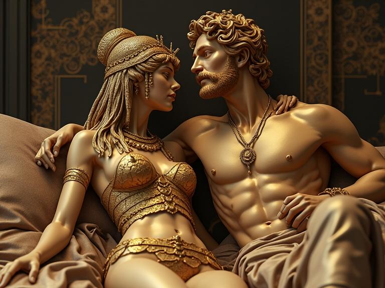 Realistic 3d sculpture of Cleopatra and Hercules in an intimate pose. Gold tones create a luxurious effect. The couple embodies mythological elegance. Perfect for contemporary art lovers. Beautifully details capture ancient beauty.