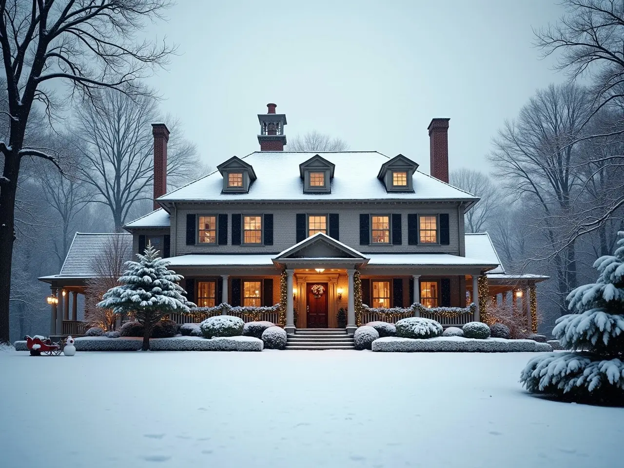 Imagine the mansion and landscape in the photograph, but everything is covered in a thick blanket of snow. The lawn is transformed into a white carpet of snow, and the trees are heavy with snow, their branches bending under the weight. The mansion itself has a patina of snow on the roofs, windowsills, and stairs. To add a Christmassy touch, envision decorations such as garlands of pine cones and fir branches adorning the front door. Christmas lights twinkle from the windows, and perhaps there is a small sleigh or snowman in the garden. A gray sky hangs over the scene, with snowflakes slowly falling, creating a warm and festive atmosphere.