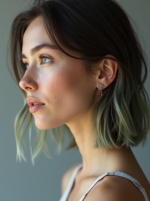 Photorealistic profile portrait of a young woman with a soft oval face. Relaxed expression, looking straight ahead. Profile highlights nose bridge and lips. Visible ear and dense freckles along cheek contour. Sculpted jawline and smooth fair skin with a natural glow. Tousled shoulder-length hair with ashy-green tips catching light. Shot with shallow depth of field against a clean gray background.