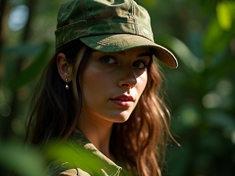 A woman camouflaged in a jungle setting with shadows and sunlight creating a focus on her features, showcasing details and textures in her attire and surroundings.