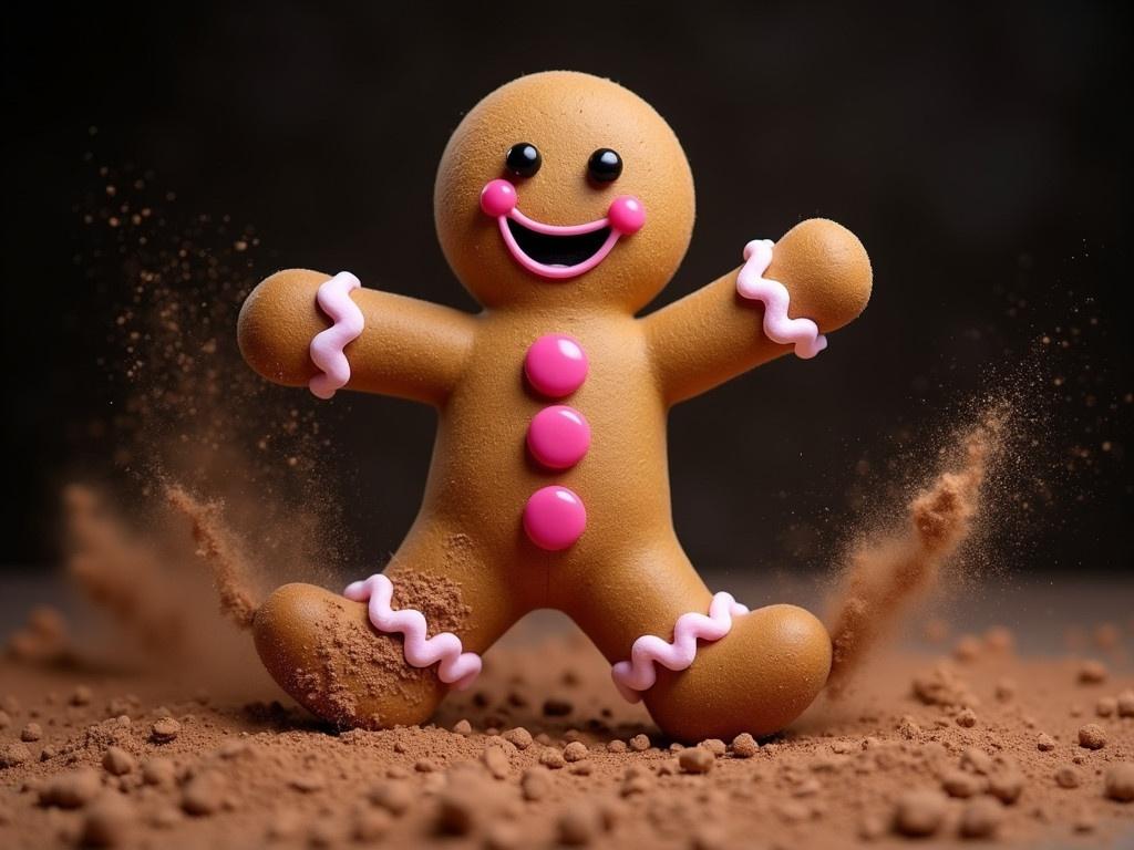 An adorable gingerbread man is joyfully dancing amidst a cloud of cocoa powder. The setting has a festive theme, perfect for the holiday season. The gingerbread man's cheerful expression is highlighted with pink candy buttons and icing decorations. Cocoa powder is sprinkled all around, creating a whimsical and playful atmosphere. The background is dark, which makes the colors of the gingerbread stand out vibrantly.