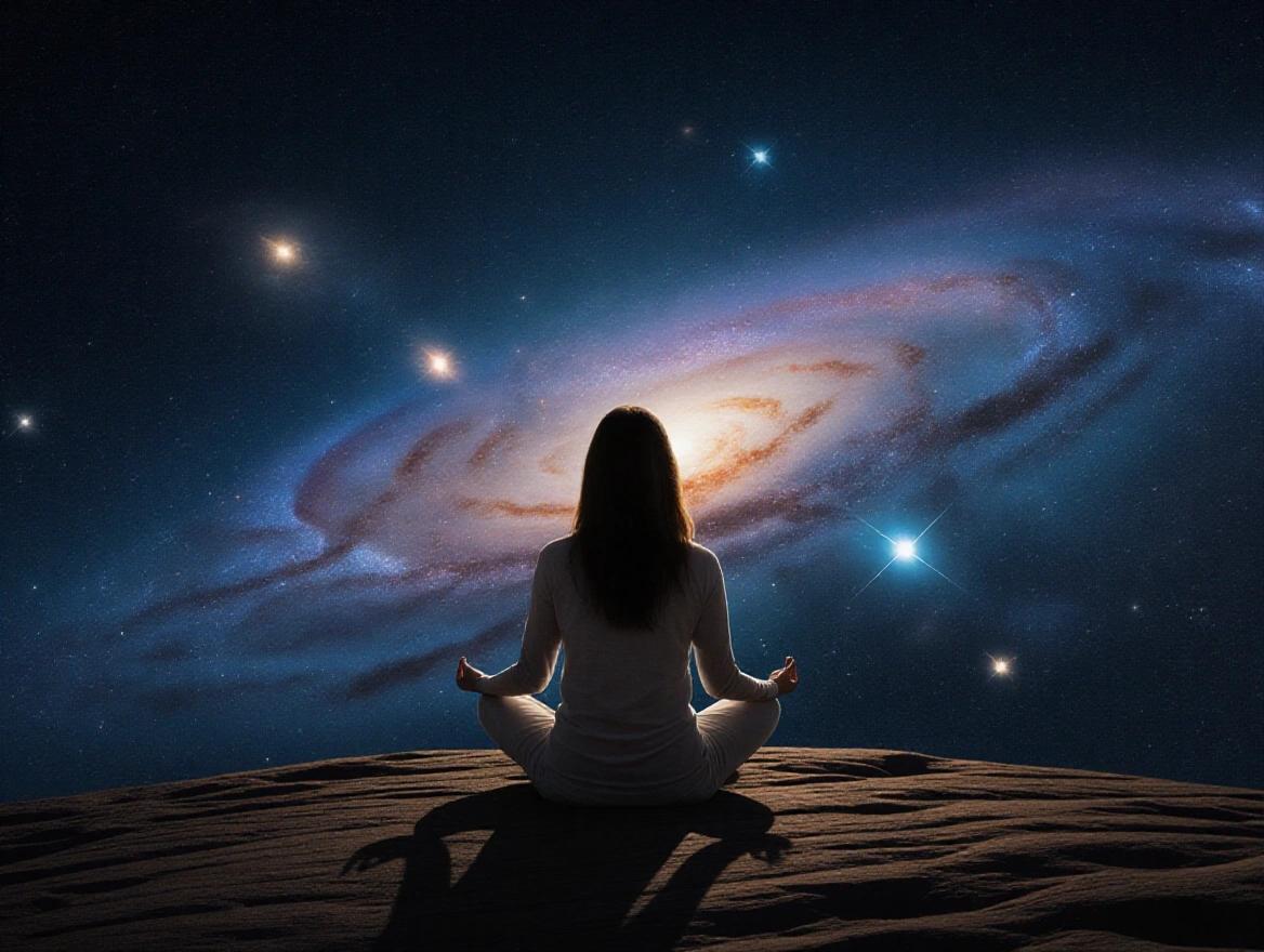 Mujer meditando en medio del universo con galaxias brillantes alrededor. Paz y serenidad en el espacio.