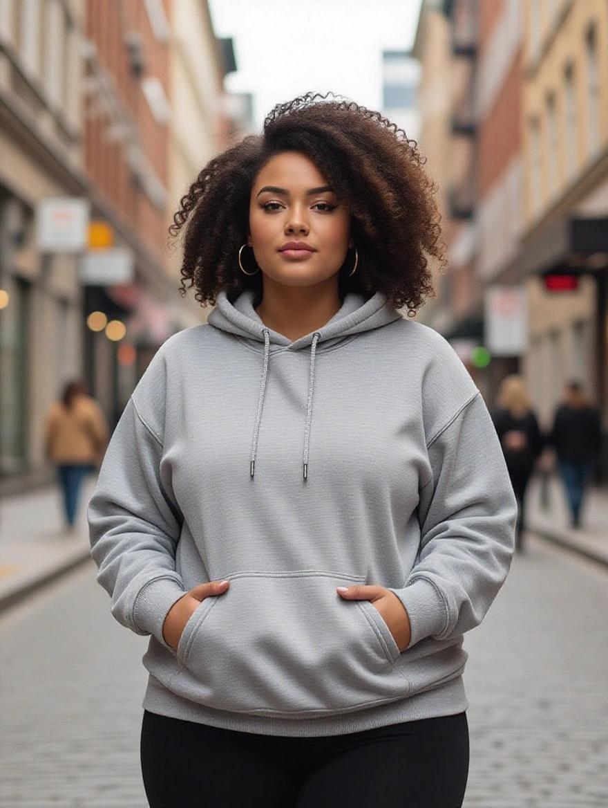 Young plus-size woman wears grey hoodie and black pants walks down a street lined with buildings and soft lighting