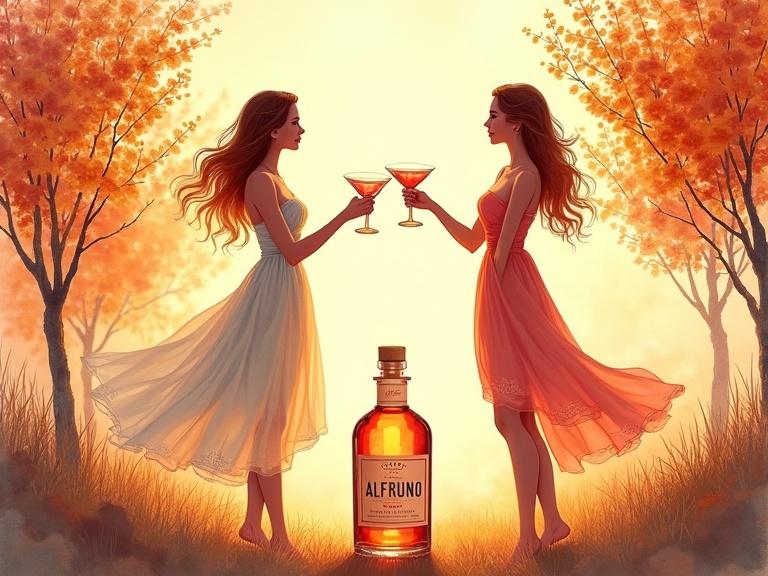Two ethereal figures toast with cocktail glasses in a sunlit orchard. They wear flowing sundresses, complemented by a bottle of ALFRUNO glowing beneath them. The scene embodies minimalist aesthetics with watercolor pastels.