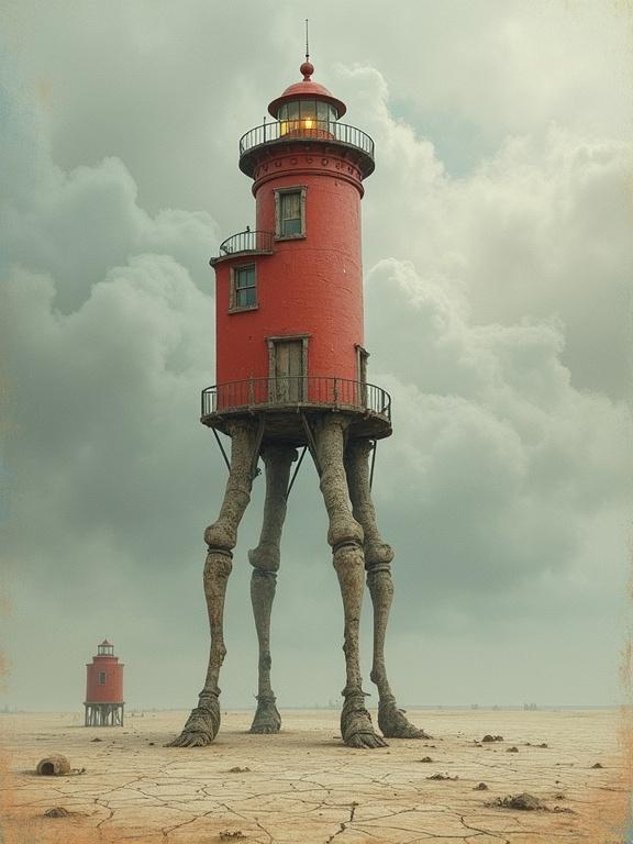 A lighthouse on tall decaying legs stands in a desert of cracked earth. A faint light leaks from its lantern room. Distant storm clouds loom above. The artwork reflects Esao Andrews' surreal architecture style.