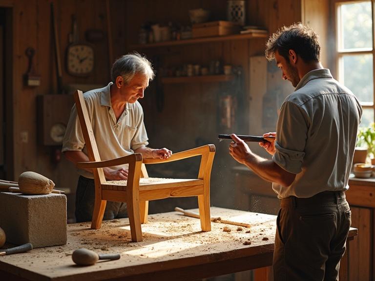 Workshop environment with a master carpenter and apprentice. Cedar beams used for a chair with ivory inlays. Copper tools displayed on a stone block. Sawdust in the air. Apprentice uses a charcoal cubit-rod for measurements.