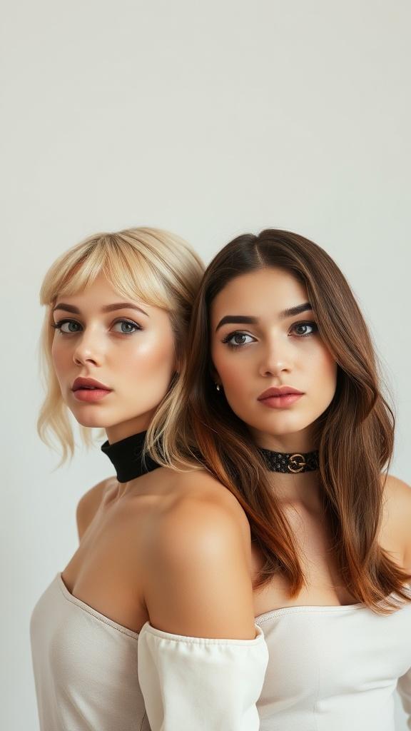 Two young women with contrasting hair colors and elegant dresses pose gracefully against a neutral background, exuding an essence of modern fashion and friendship.