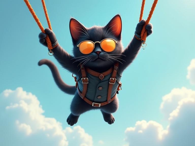 Realistic rendering of a young humanoid black cat skydiving in the sky wearing a jumpsuit and sunglasses. View from below with a grimacing seagull in the background.