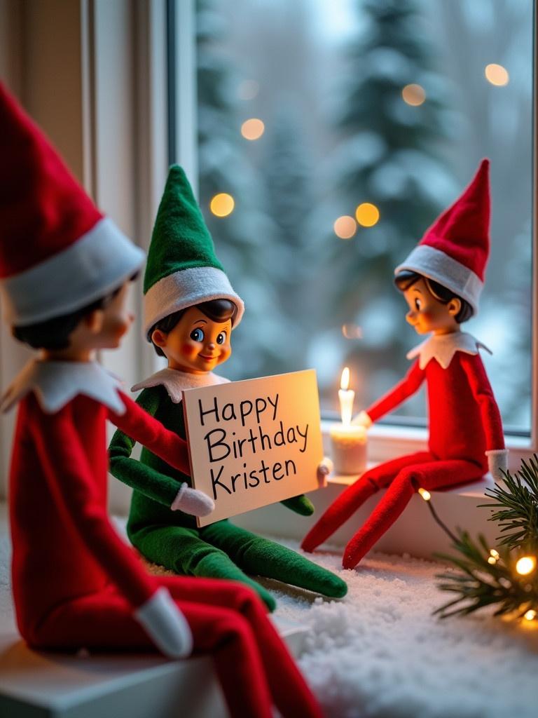 Three elves celebrate a birthday with a sign that reads Happy Birthday Kristen. The background includes holiday lights and snowy trees. An elf in green sits with others. Warm candlelight is present.