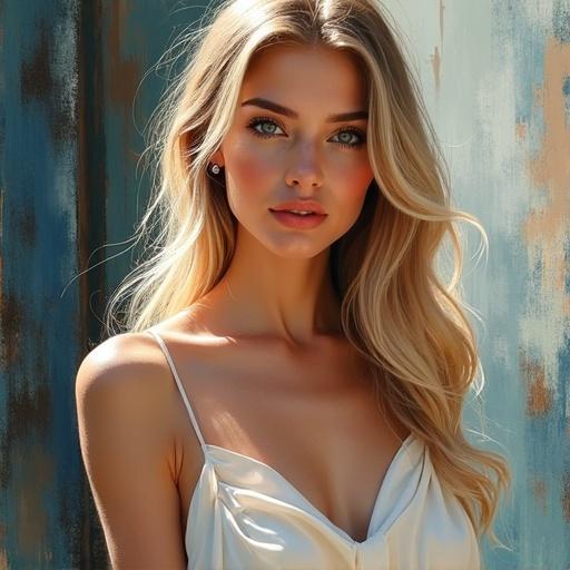 Create a beauty portrait of a young woman with long blonde hair. The background is a muted teal, and soft natural light highlights her face. She is wearing a sleeveless top.