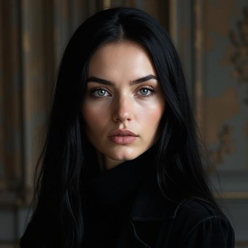 Portrait of a queen inspired by a historical Russian figure. Woman has black hair and black eyes. Facial features are strict and haughty. Dressed in black clothing, exuding a proud presence.