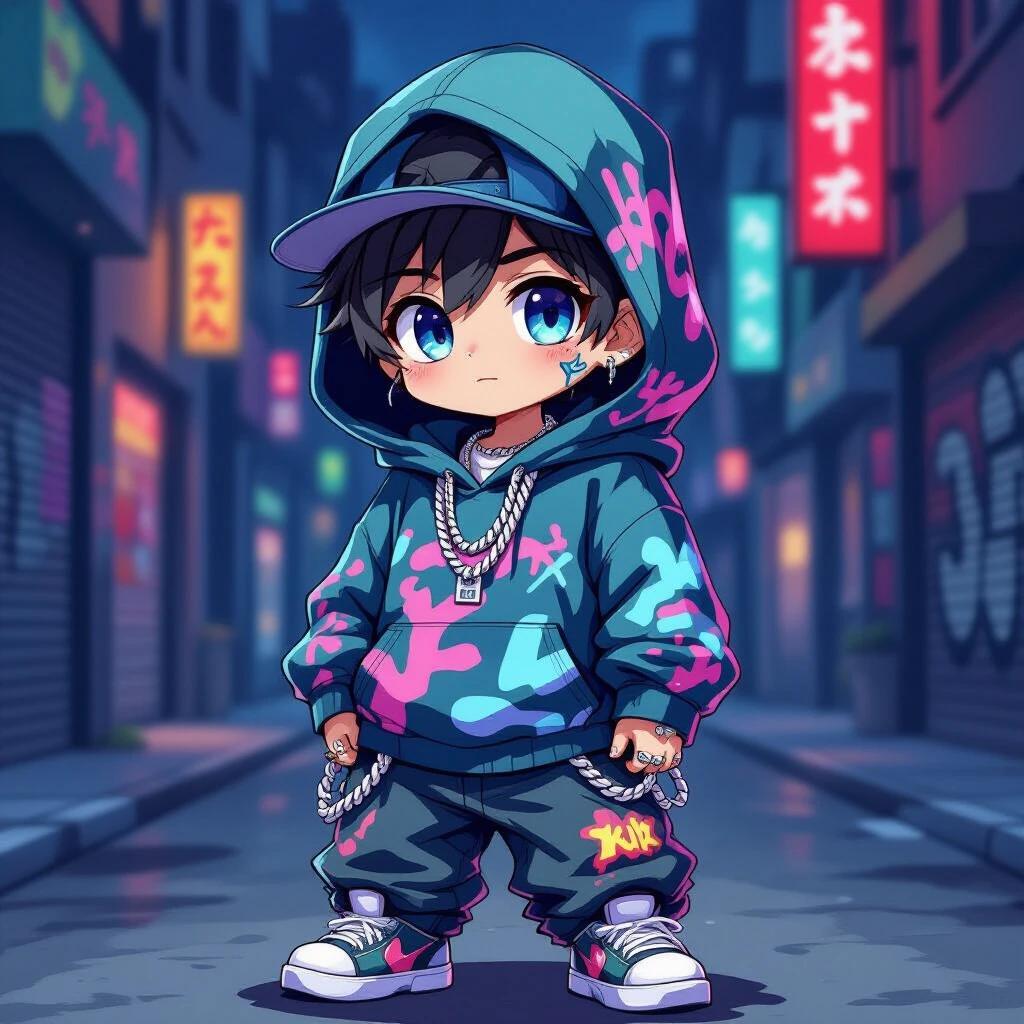 Male character in underground streetwear style. Oversized graffiti hoodie. Baggy pants with chains. Chunky sneakers. Piercings and tilted cap. Neon accents in design. Big expressive eyes. Tiny round body with oversized head. Authentic Japanese anime chibi proportions with clean lineart. Soft cel shading. Kawaii style with urban edge. Standing cool with no background.