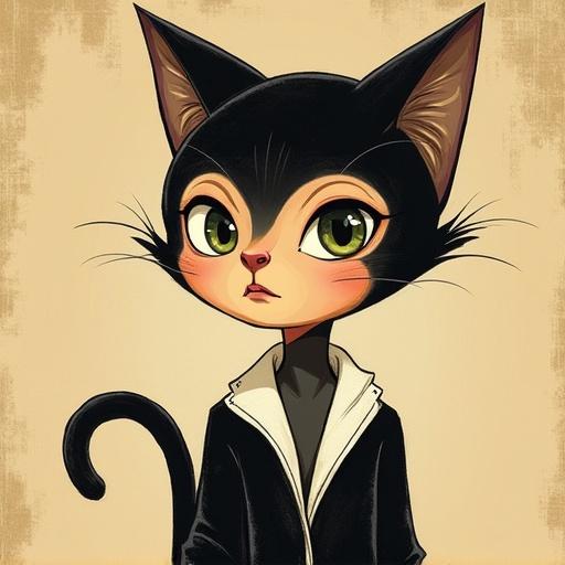 Cartoon character depicting a cat with large expressive eyes in a stylish outfit. Feline features blended with human-like characteristics. Drawn in a whimsical artistic style reminiscent of classic illustrations.