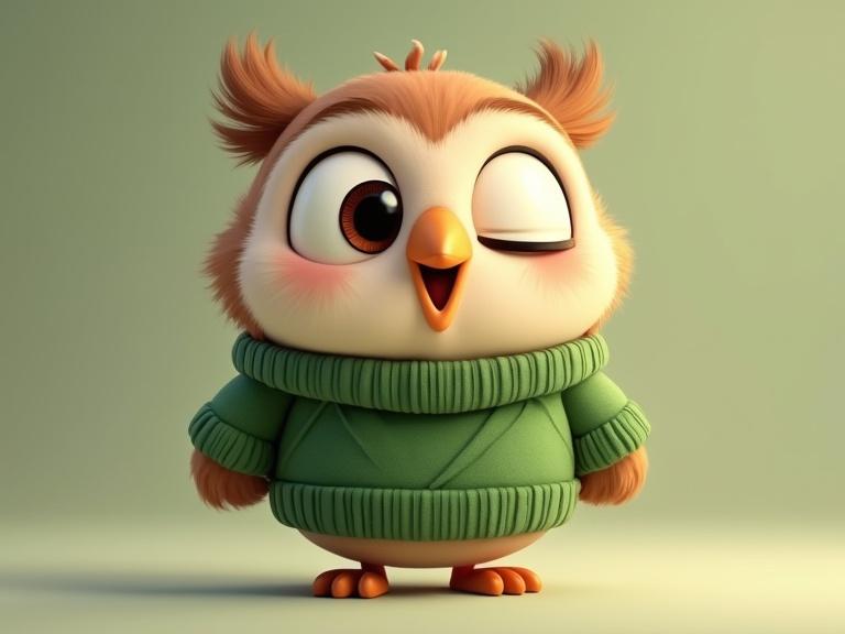 Cartoon owl wearing a green sweater winking while looking around. The owl has fluffy feathers and big eyes. The background is softly lit and simple.