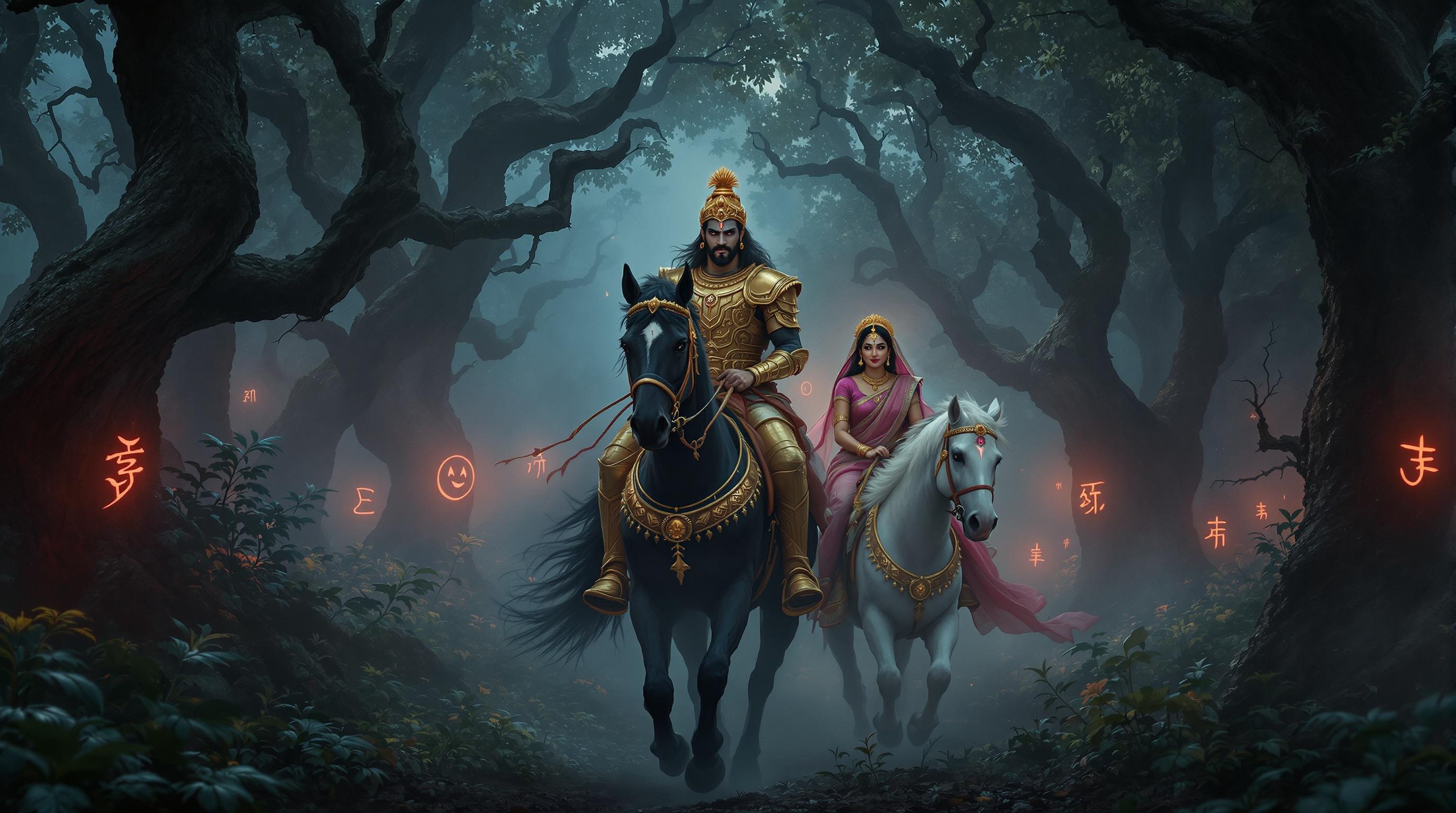 A clear ultra HD image of King Rudrasen and Queen Mriganjali riding through a sinister forest. King on a black horse in golden armor. Queen on a white horse in a pink saree. Dark trees with glowing red symbols. Misty and eerie environment.