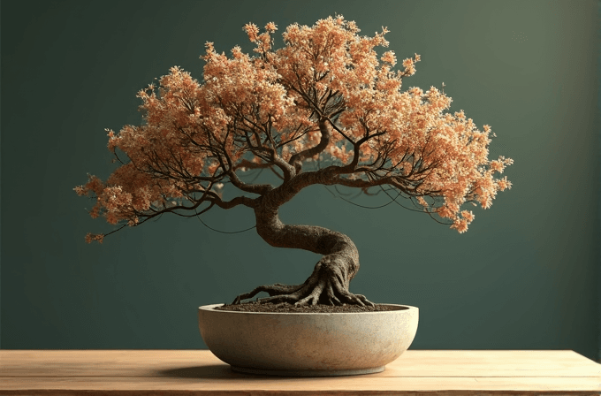 A beautifully crafted bonsai tree with delicate pink blossoms set in a round ceramic pot, displayed on a wooden surface against a soft green background.