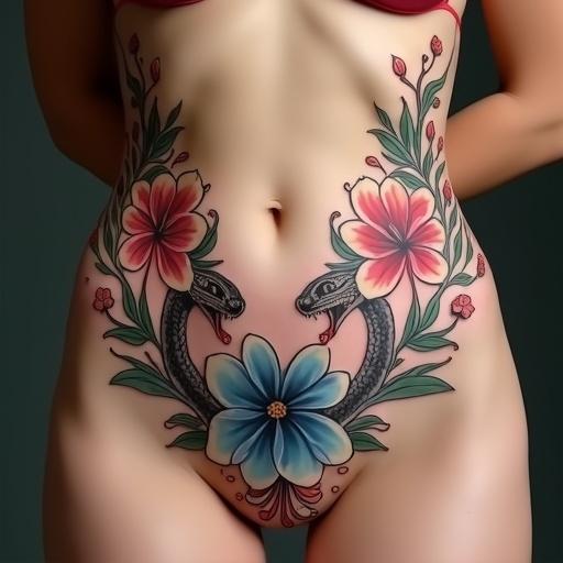Symmetrical colored tattoo design on the abdomen. Two floral garlands start from the hips and flow down to the abdomen. Clitoria ternatea flower in blue or pink on one side. A graceful snake head on the other side. Feminine and sensual composition with rich colors and flowing lines. Botanically styled and anatomically adapted.