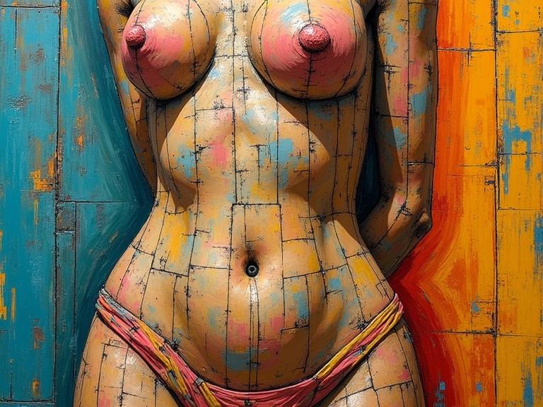 Closeup of a nude woman body in art brut style. Bright and delicate colors. Intricate details. Influenced by Giacometti.