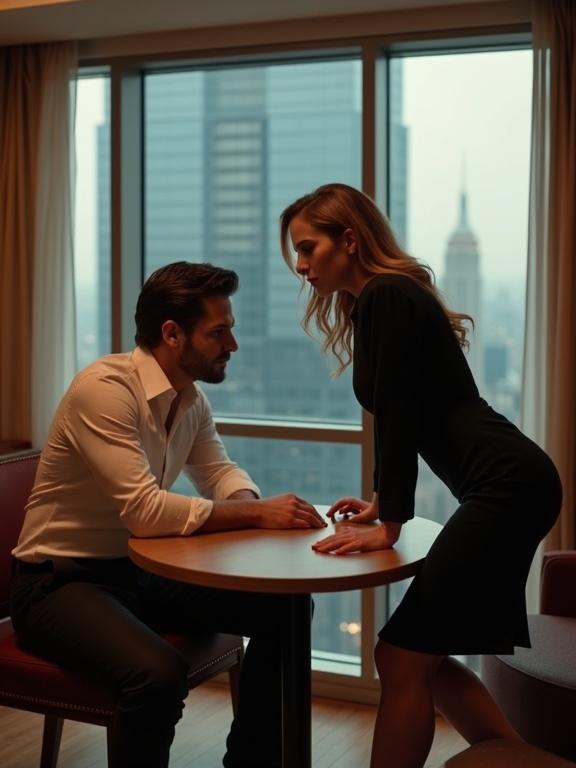 Elegant hotel lounge with soft lighting and city skyline visible through the window. Confident lawyer leans over a round table in fitted blazer and tight blouse. Disheveled man with an untucked shirt sits across. Moment is tense with attraction and conflict. Style is sleek romantic drama, sharp lighting, 3:4 portrait.