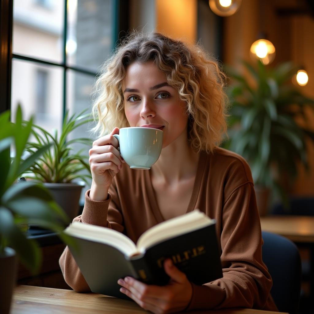 Person sits in cafe reading book. Warm atmosphere and cozy setting. Individual enjoys coffee while reading. Natural lighting enhances environment.