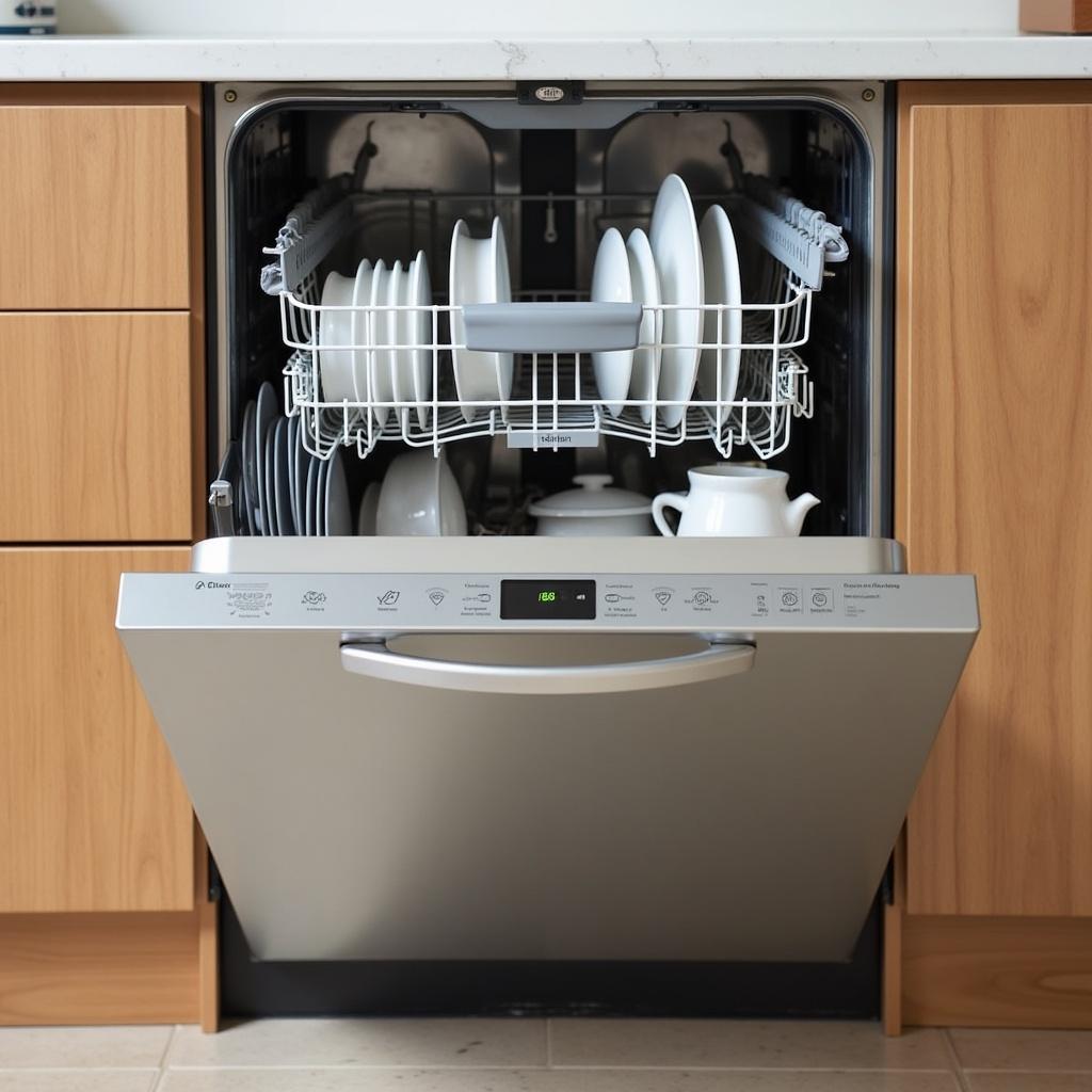 Dishwasher viewed from the front. Dishes neatly arranged inside. Wooden cabinets in background. Modern kitchen setting. Clean and organized appearance.