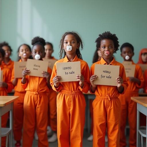 A bright classroom scene. Children wear orange jumpsuits. They stand together holding signs. Some signs say 'slave for sale'. Their hands are tied loosely. The teacher pretends to be a seller. Parents sit at desks watching. Atmosphere feels playful and fun.