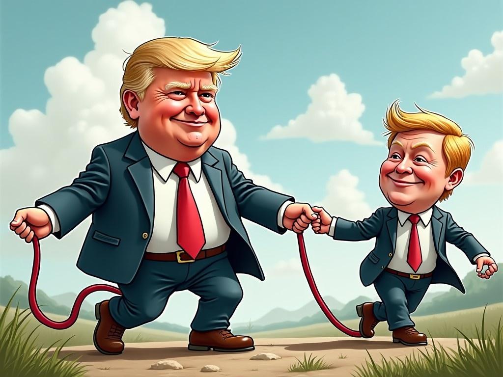 This image features a colorful cartoon drawing with a satirical theme. It depicts Donald Trump with a confident expression, being held by a leash. The leash is held by Vladimir Putin, who appears smaller in stature. Both characters are dressed in formal suits, but the comparison in size is exaggerated for comedic effect. The background is simple and light-colored to keep the focus on the characters. This illustration evokes humor and commentary on political dynamics.