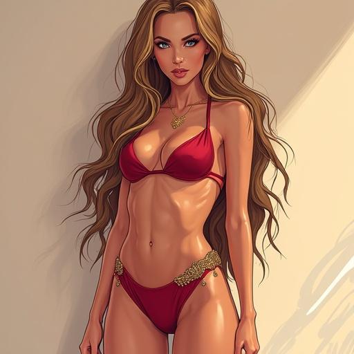 Female character in red bikini styled in anime. Long blonde hair. Full body image focusing on outfit and pose.