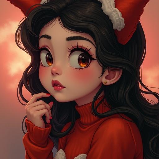 Young girl with large eyes and long dark hair. She wears an orange outfit and has cat-ear headband. Background features clouds.