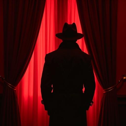 A glamorous European embassy at night. A shadowy figure wearing a trench coat stands behind velvet curtains. Background is red. The lighting creates a dramatic and suspenseful atmosphere.
