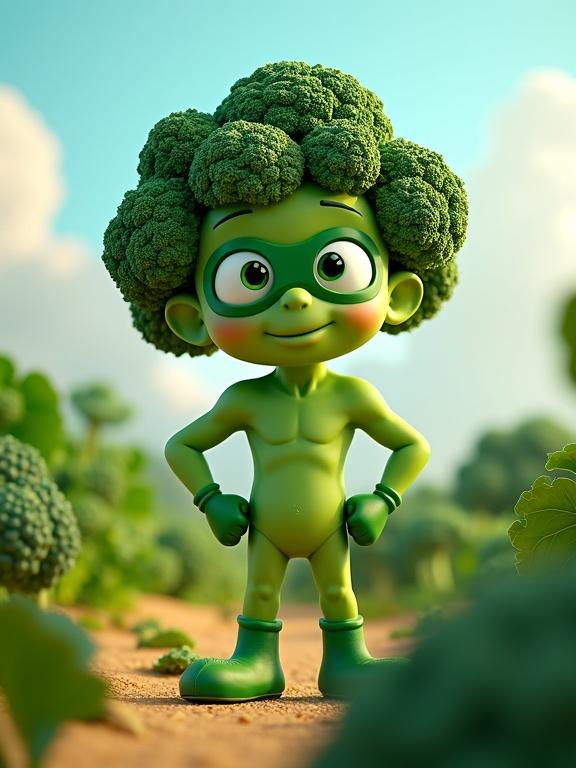 Cartoon broccoli character with eyes and superhero mask stands heroically in vegetable landscape. Exaggerated features with vibrant colors and cinematic lighting.