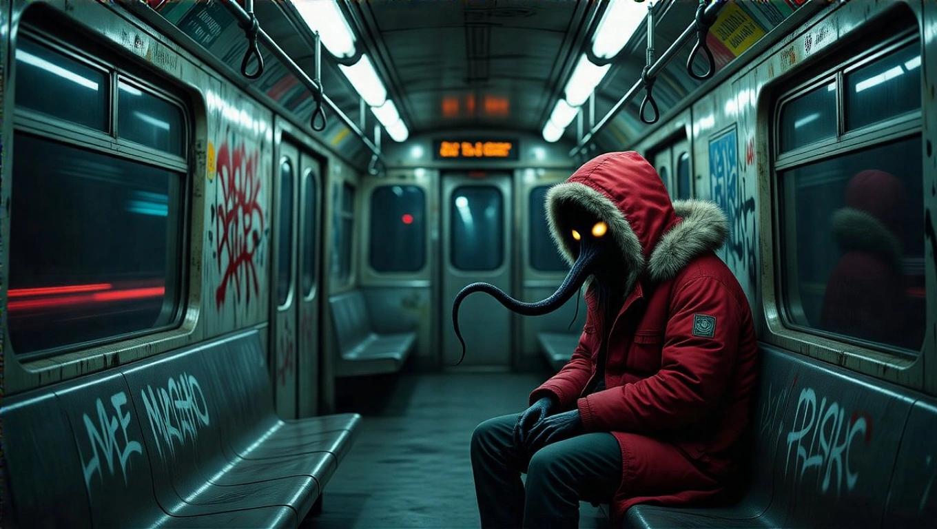 A hyperrealistic urban horror scene inside an old graffiti-covered subway car at night. Cold fluorescent lights illuminate the dirty metallic interior. A humanoid figure slouched on a bench wears a fur-lined red parka with the hood up. A black void-like face with glowing eyes and a long, unnatural tongue is visible. Subway windows show motion blur from darkness outside. The atmosphere is eerie and surreal with urban decay and supernatural horror.