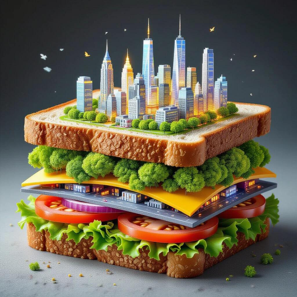 Intricate city-themed sandwich with concrete bread, lush parks as lettuce, glowing skyscrapers as meat layers. Layered concept illustration style.