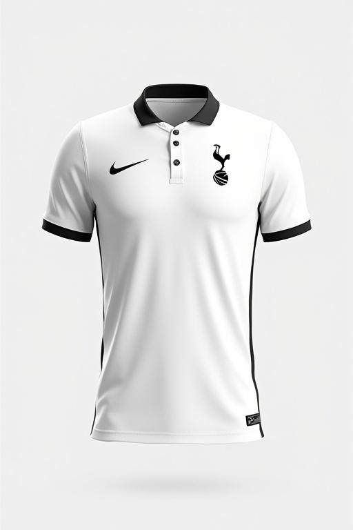 Design front of a football shirt with a white base colour. Add intricate black details similar to Tottenham Hotspur's third kit and Barcelona's home kit. Include a Nike tick on the front. The shirt resembles a button-up style with buttons down the middle and a collar. Include grey or black stripes or patterns on the sides and middle for added detail.