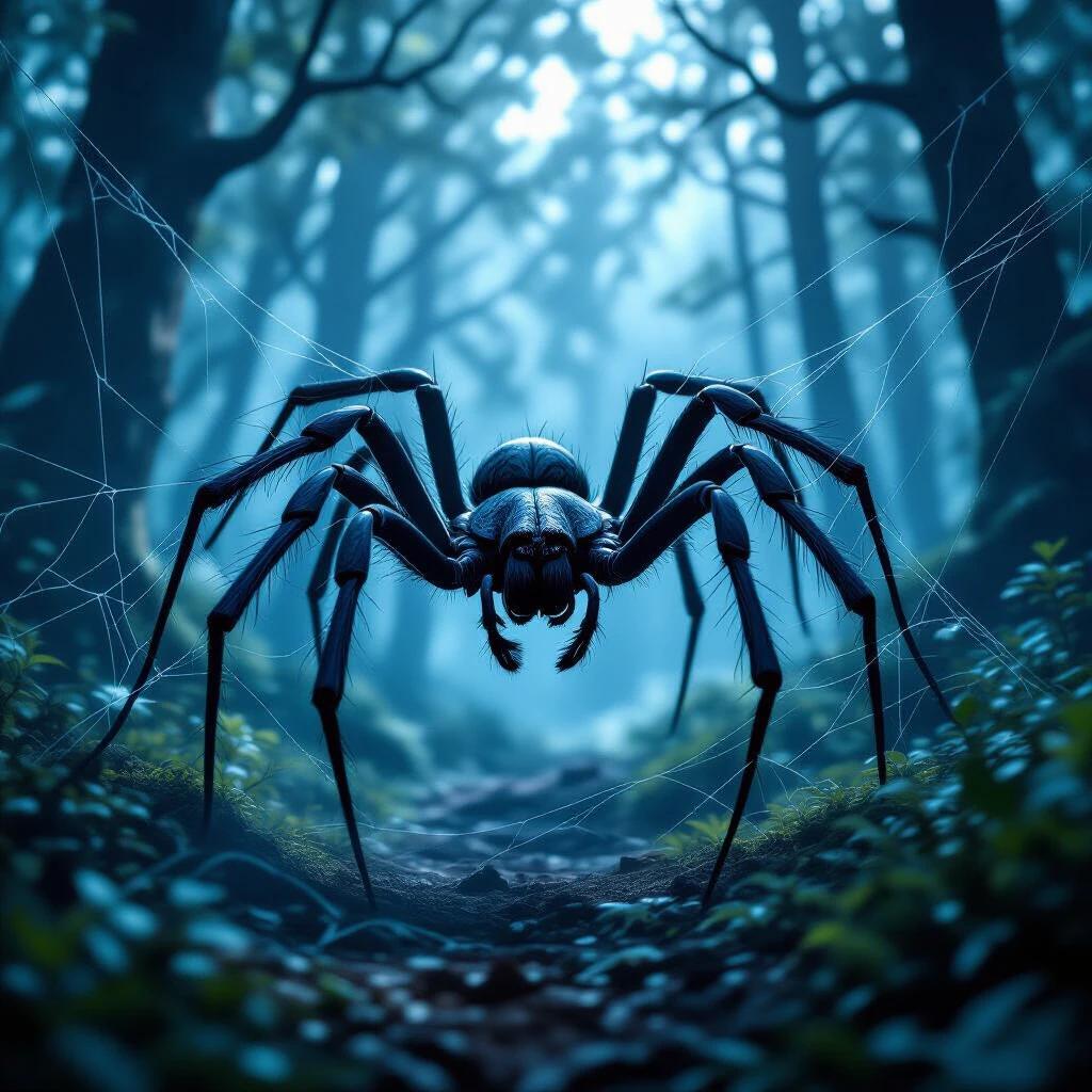 Giant spider weaves web in dark enchanted forest. Surrounded by dense trees. Hyper-realistic style. Cinematic atmosphere. 8K quality.