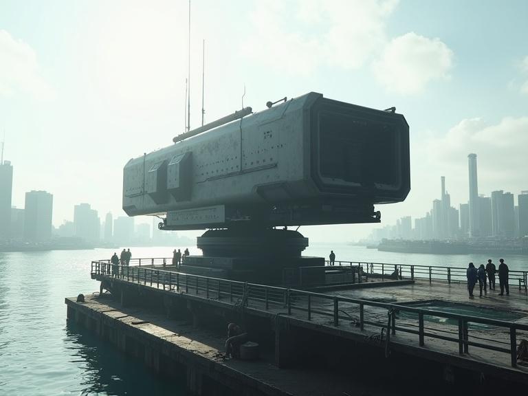 Cinematic scene featuring dark silhouette of a large mechanical structure with sci-fi features. It is located on a rotating platform near a river and urban skyline. Small figures are present on the platform. Bright sunlight with clouds in the background.