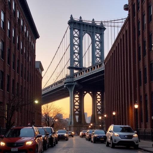 Sunrise scene in Dumbo Brooklyn. View of the Manhattan Bridge framed by buildings. Street lined with parked cars. Warm dawn colors in the sky.
