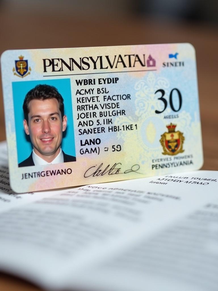 Pennsylvania driver's license is showcased. Name displayed prominently. Indicates age of 30. Date of birth mentioned. Issued in Pennsylvania. Serves as identification in the US.