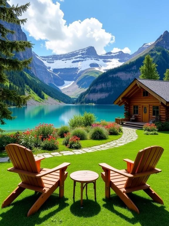 Beautiful outdoor view with cozy wooden chairs and a small table. The chairs are angled facing a scenic lake. Lush green lawn with white flowers is visible. A stone path leads to a log cabin with flower beds. Behind the cabin, mountains rise under a blue sky with clouds.