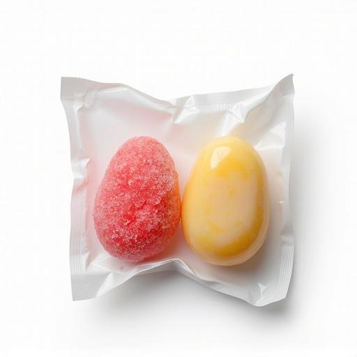 Top view of two colorful candies in a clear package against a white background.