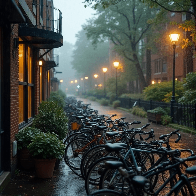 A row of bicycles is parked along a rain-soaked street under glowing streetlamps and lush trees on a misty evening.