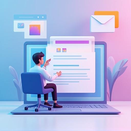 Illustration of a user interface for an email search software. A person interacts with elements on a laptop screen. Abstract graphics representing emails and images float above the screen. Bright and inviting color scheme.