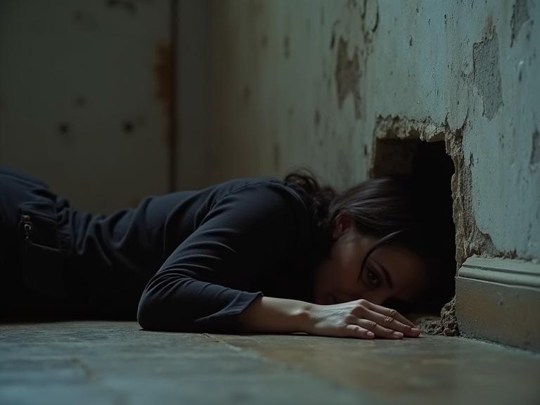 A female thief lies on the floor. She crawls out of a small hole in the wall. The scene is seen from the side.