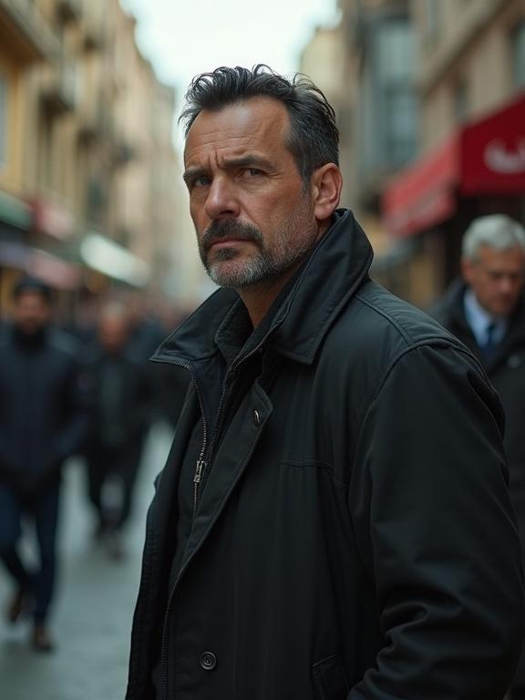 Menacing character in a busy city street. The man has tan skin and black hair. He wears smart clothing and exhibits a square face. The camera angle is low and from a distance.