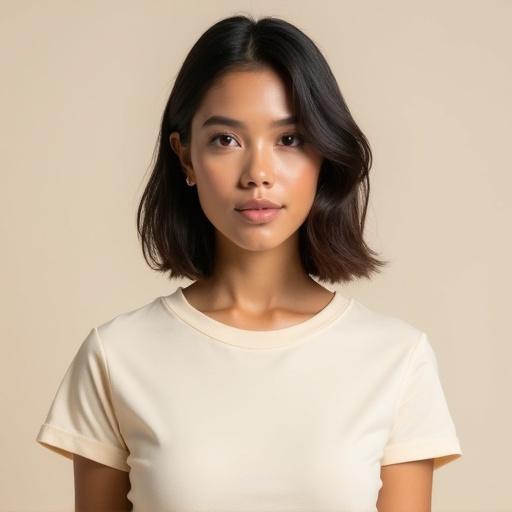 High resolution portrait of woman with medium-length hair styled in bob. She wears a cream-colored T-shirt. The image frames from head to below the chest. Subject has neutral expression and rich brown complexion. Features include full lips, prominent cheekbones, slightly wider nose, dark eyes. Well-lit soft background with sharp details.