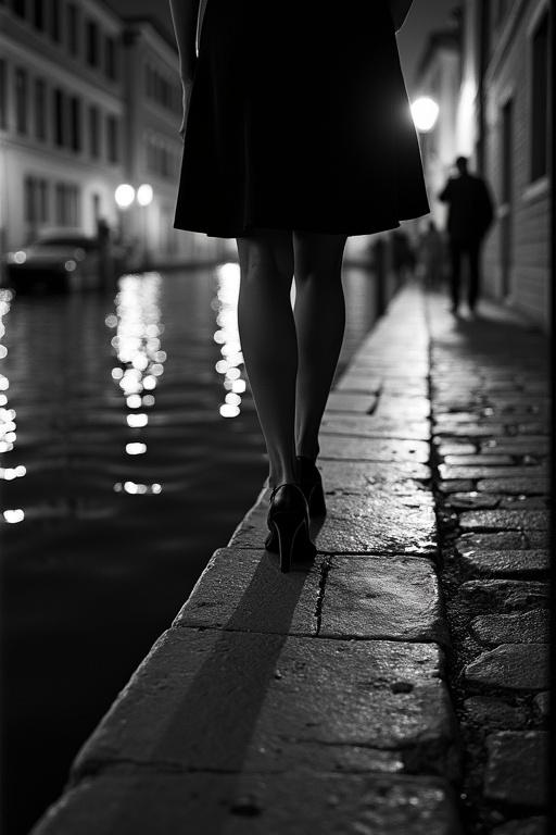 Vertical black and white photo showcasing a woman's legs walking along a Venetian quay. Dim streetlights illuminate the scene at nighttime. Strong shadows and high contrast create a moody atmosphere. A vintage 1960s dress and shoes are worn by the woman. A cinematic film grain enhances the image. Rippling water reflects lights.