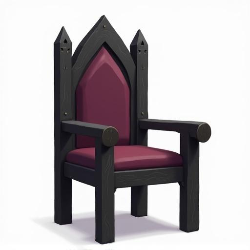 2D profile side view of a simplified gothic chair. High backrest with low arched top and minimal carved arch motifs. Plain blackened wooden legs and basic wooden frame. Seat has flat burgundy cushion for contrast. Design includes subtle wood grain textures. No lighting or shadows. Style is 2D digital art with dark gothic elements and muted palette.