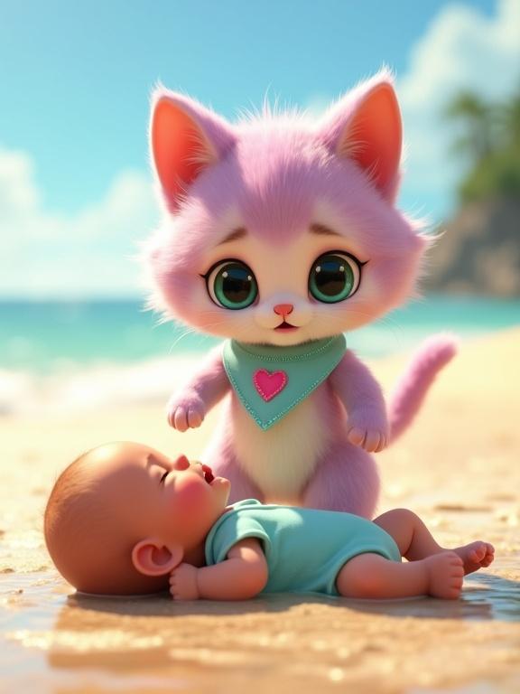 A sunny beach scene with a fluffy anthropomorphic kitten and a crying baby. The kitten has pastel pink and lavender fur with a light blue bandana. The baby is lying in shallow seawater wearing a simple onesie. The scene captures a warm and caring moment.